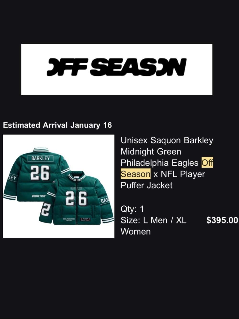 Philadelphia Eagles Green Puffer Jacket with Number 26 Saquon Barkley - Picture 12 of 12